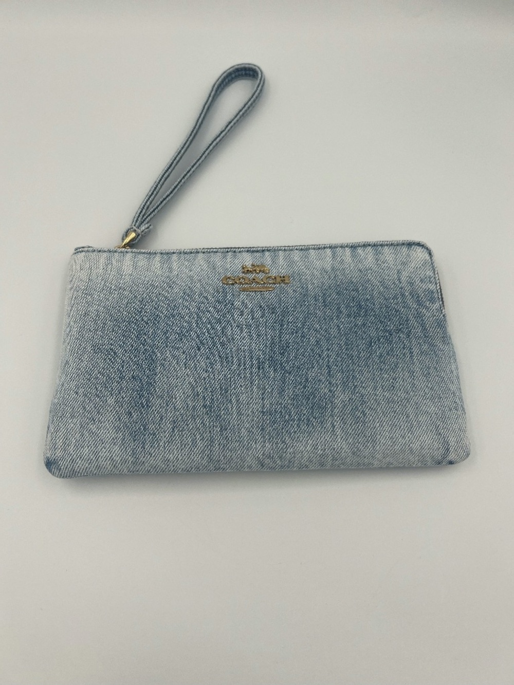 Coach Large Corner Zip Wristlet In Loved Denim